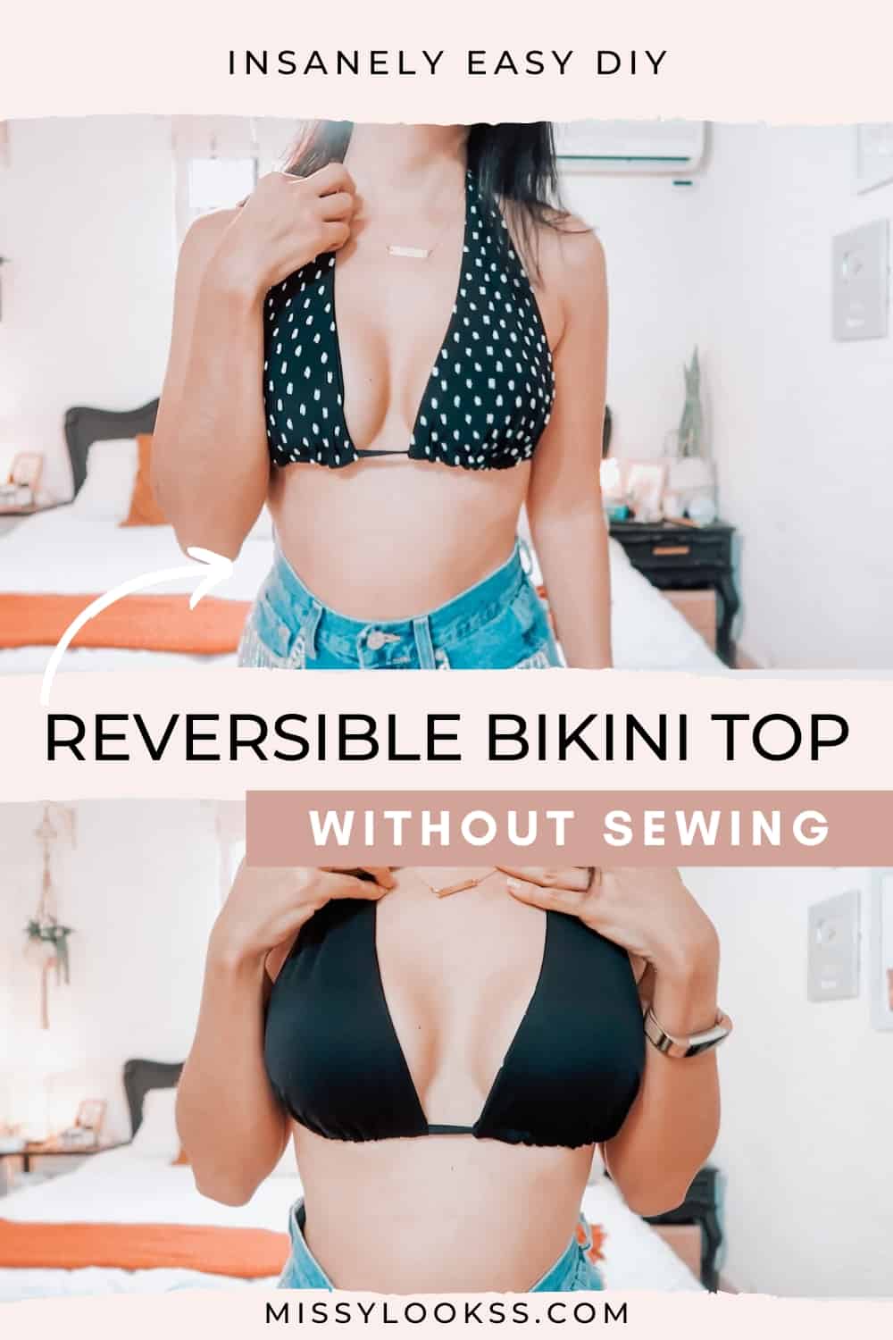 DIY reversible bikini top without sewing - girl modeling the printed side of the bikini and below modeling the black solid side of the top.